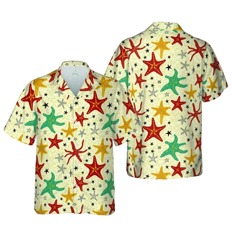 Hawaiian Red Golden Teal Starfish: Stylized Shapes, Black Outlines, Botanical Mosaic Short-sleeve Hawaiian Shirt - 1