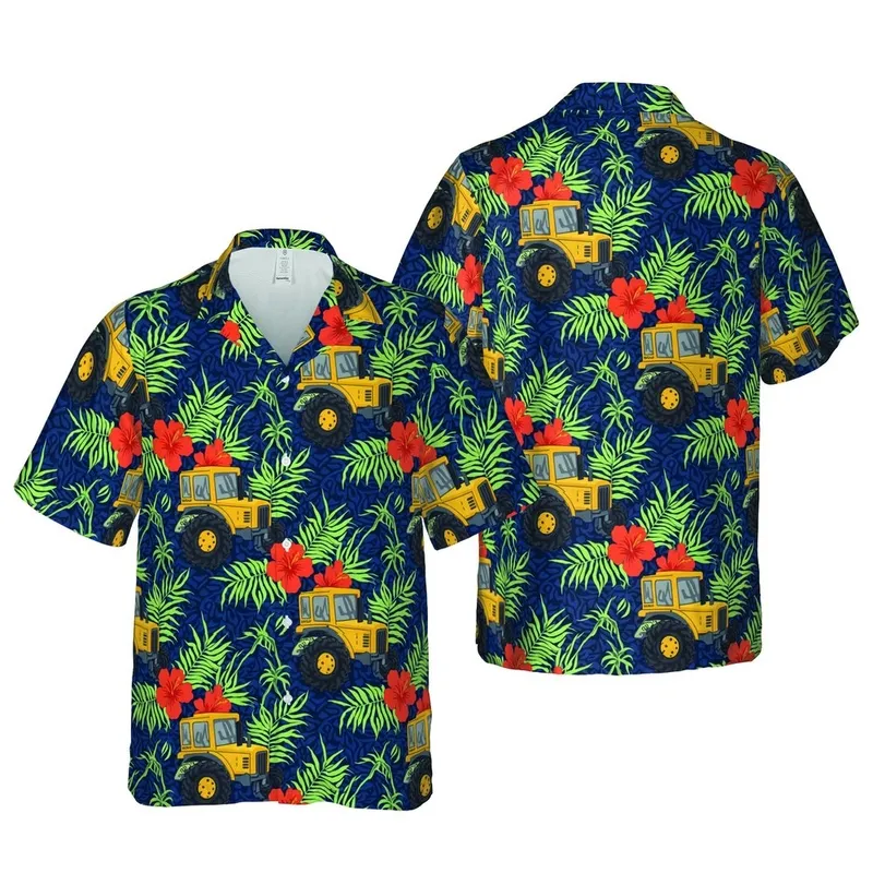 Yellow Industrial Tractor Hawaiian Pattern, Off-Road Tires, Palm Fronds, Red Flowers, Navy Blue Short-sleeve Hawaiian Shirt - 1