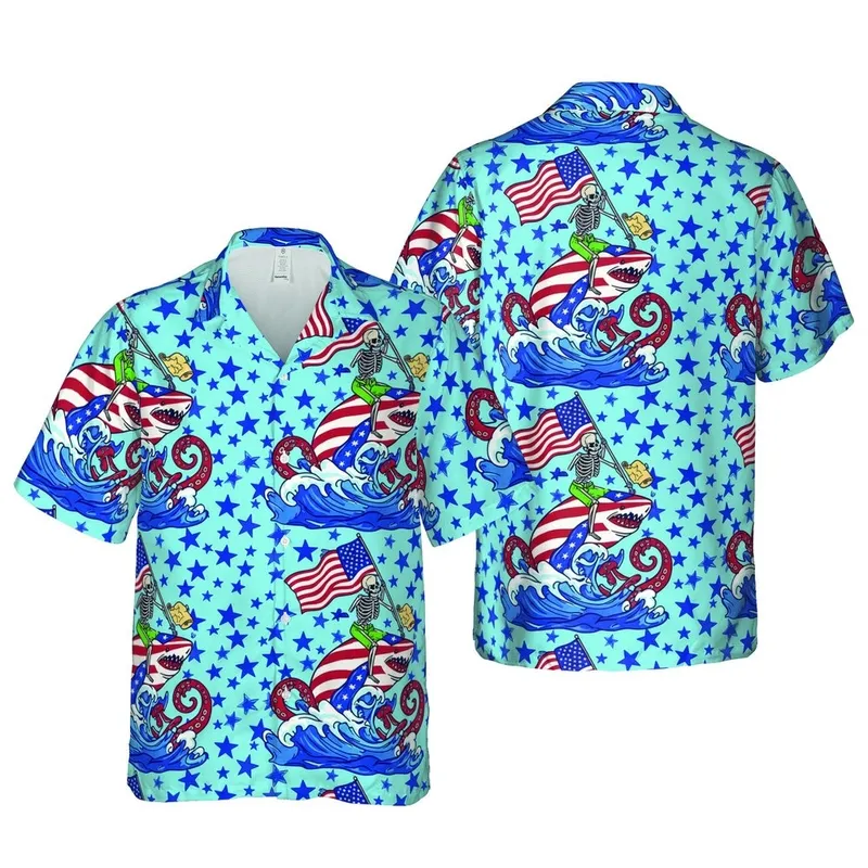 Patriotic Skeleton Rider American Flag Shark Octopus Parrot Anchor Ocean Star Print Short-sleeve Hawaiian Shirt - 1