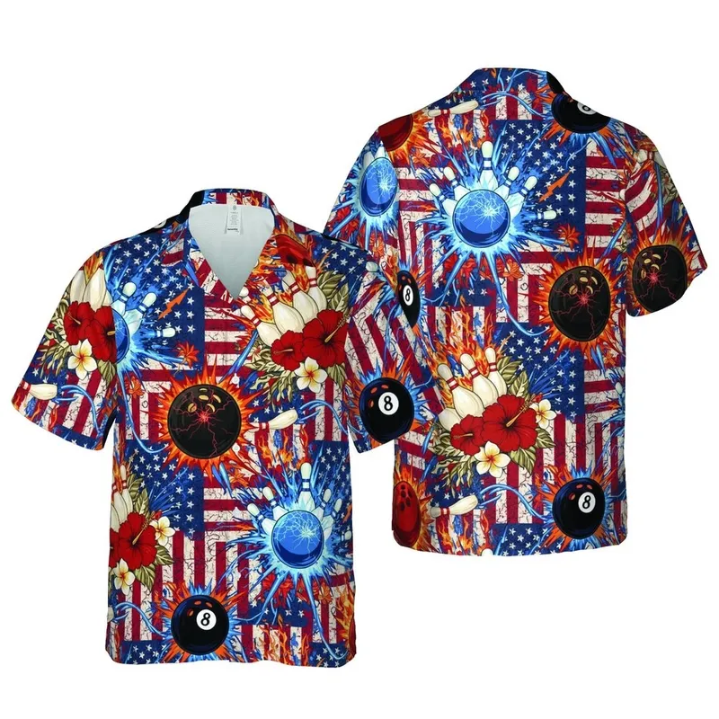 Bowling Pin Explosive Strike Hawaiian Grunge Flag: Red White Blue Lightning, Fire, Orange Glow Short-sleeve Hawaiian Shirt - 1