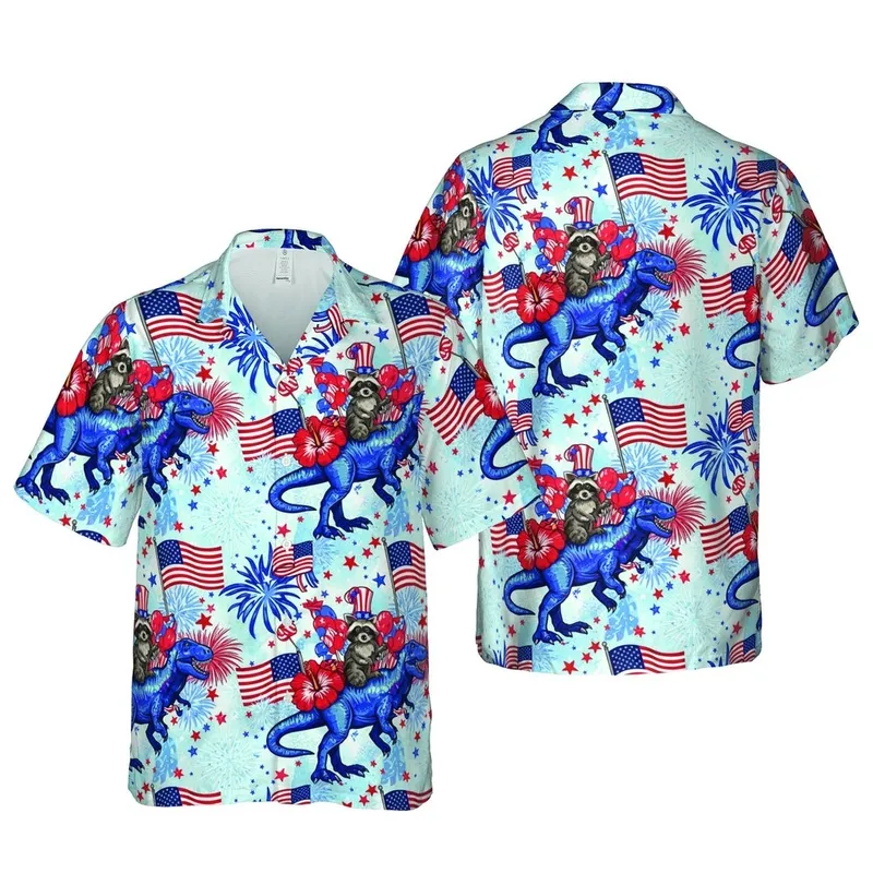 Patriotic Raccoon T-Rex Print: Uncle Sam Hat, American Flag, Hawaiian Stars Short-sleeve Hawaiian Shirt - 1