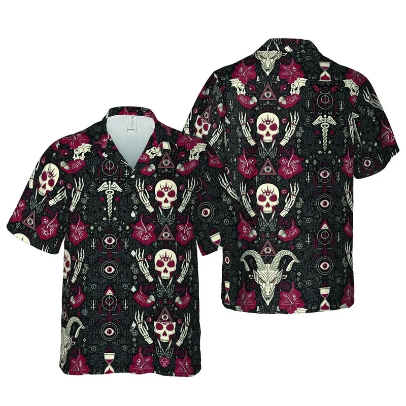 Occult Hawaiian Baphomet Skull Pentagram 666 Eye Symbols Red Black White Motif Short-sleeve Hawaiian Shirt - 1