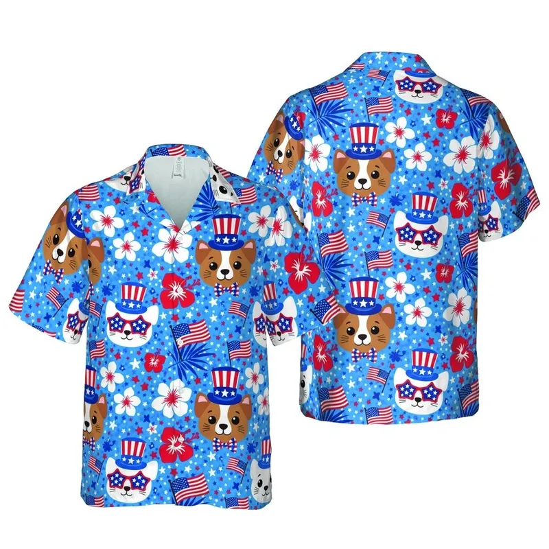 Patriotic Cat Dog Faces: Seamless Hawaiian Pattern, USA Hats, Flags, Red Blue Stars Short-sleeve Hawaiian Shirt - 1