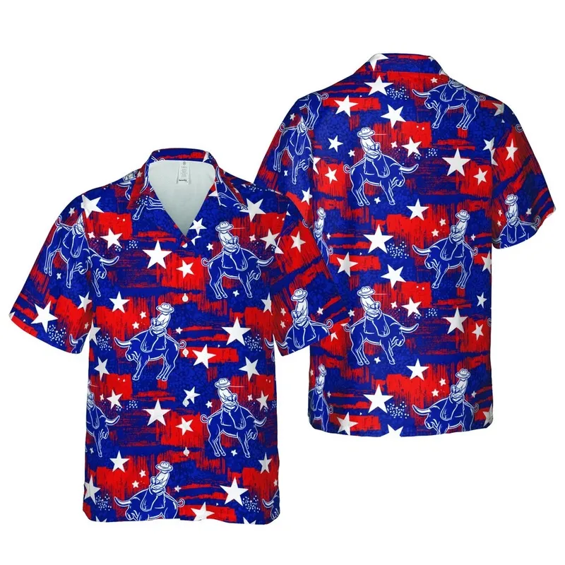 Rodeo Cowboy Bucking Bull Hawaiian Pattern: Distressed Red Blue Brushstroke Star Design Short-sleeve Hawaiian Shirt - 1