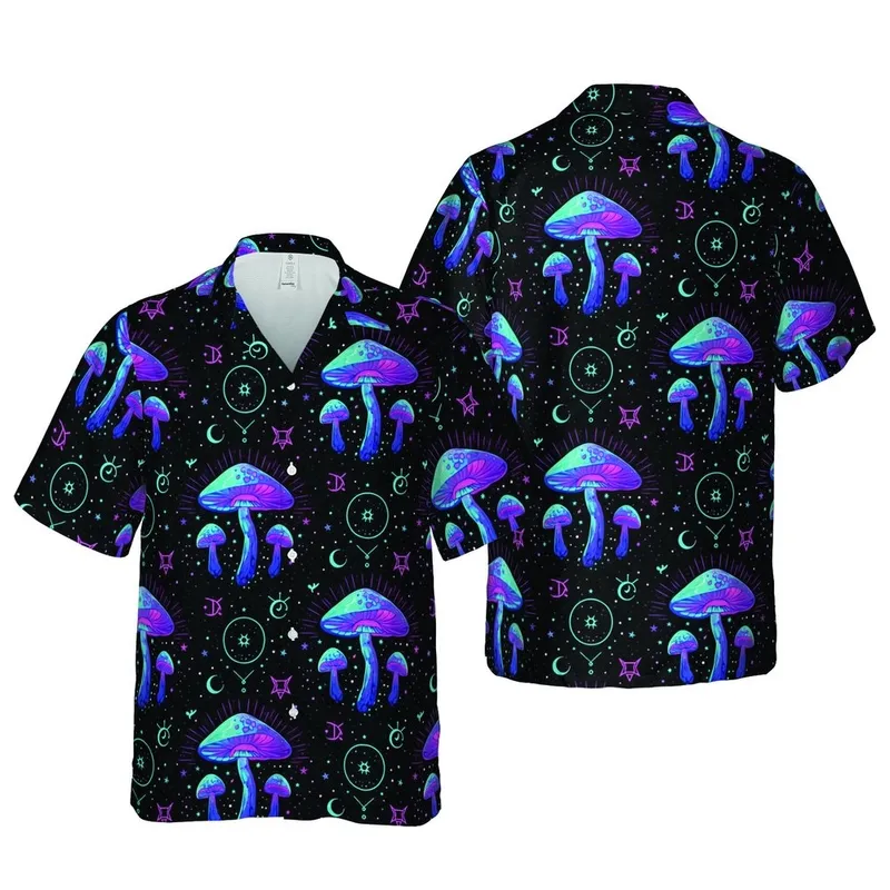 Hawaiian Pattern Stylized Mushrooms Glowing Gradient Moon Star Sun Glyphs Stardust Textile Short-sleeve Hawaiian Shirt - 1