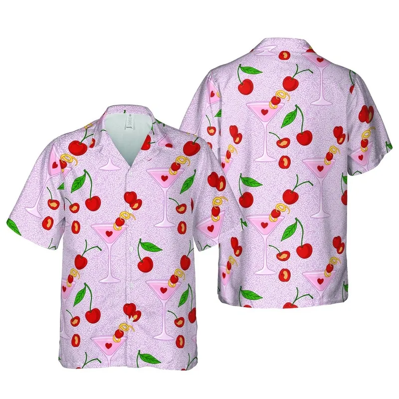 Pink Martini Glass & Red Cherry Pattern: Citrus Twist, White Sparkles, Lavender-Pink Canvas Short-sleeve Hawaiian Shirt - 1