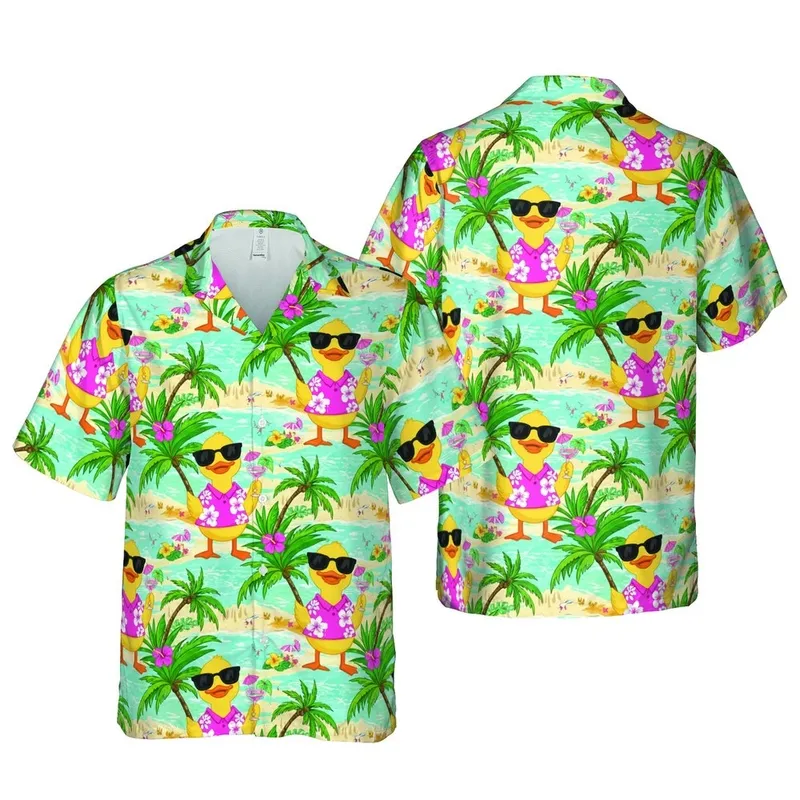 Yellow Duckling Sunglasses Hawaiian Beach Ocean Waves Palm Trees Hibiscus Pattern Short-sleeve Hawaiian Shirt - 1