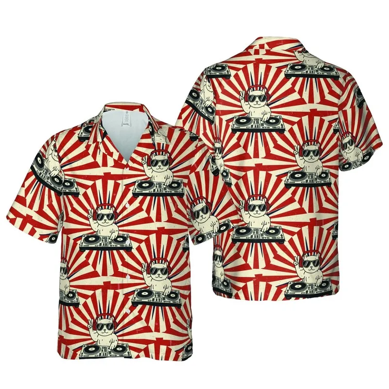 Cat DJ Hawaiian Pattern: Red Headphones, Peace Sign, Turntable, Sunburst Botanical Stripes Short-sleeve Hawaiian Shirt - 1