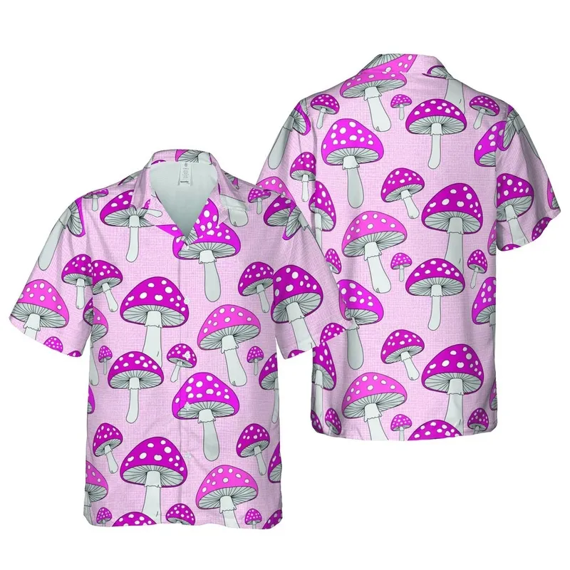 Tropical Botanical Hawaiian Amanita Muscaria Stylized Pink Magenta Seamless Fabric Pattern Short-sleeve Hawaiian Shirt - 1