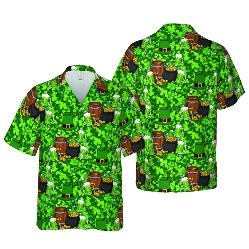 Leprechaun Hats Gold Coins Beer Barrel Tropical Pattern with Green Shamrocks Short-sleeve Hawaiian Shirt - 1