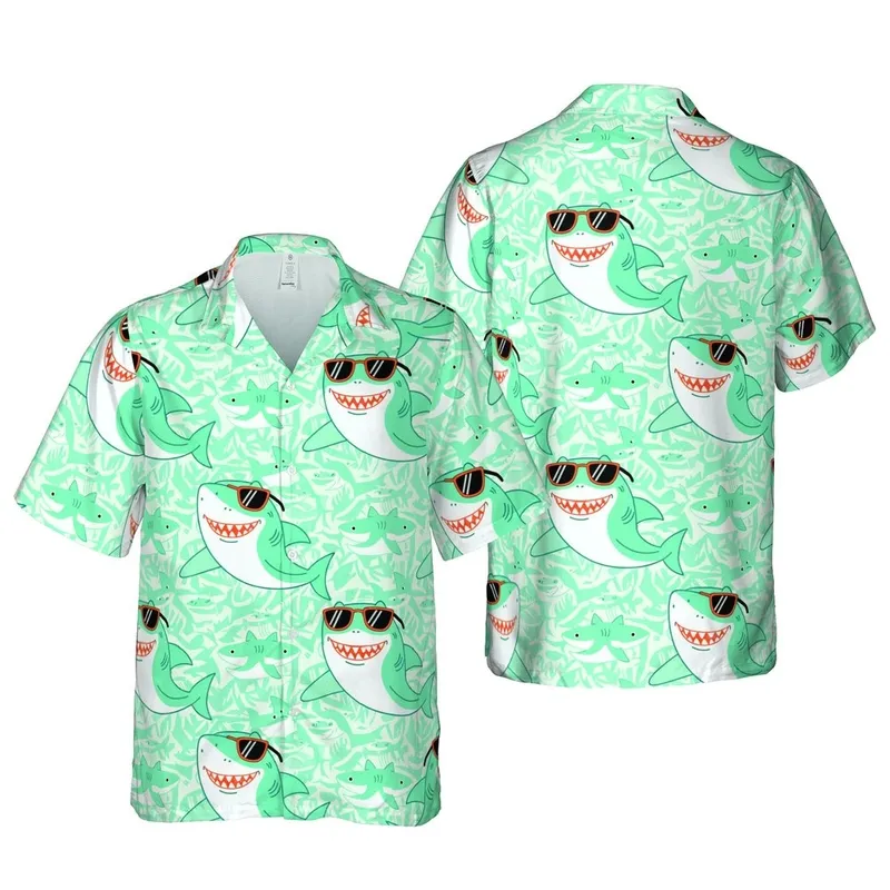Shark Enthusiast Hawaiian Pattern: Teal Cartoon Sharks, Sunglasses, Wavy Shark Mosaic Short-sleeve Hawaiian Shirt - 1