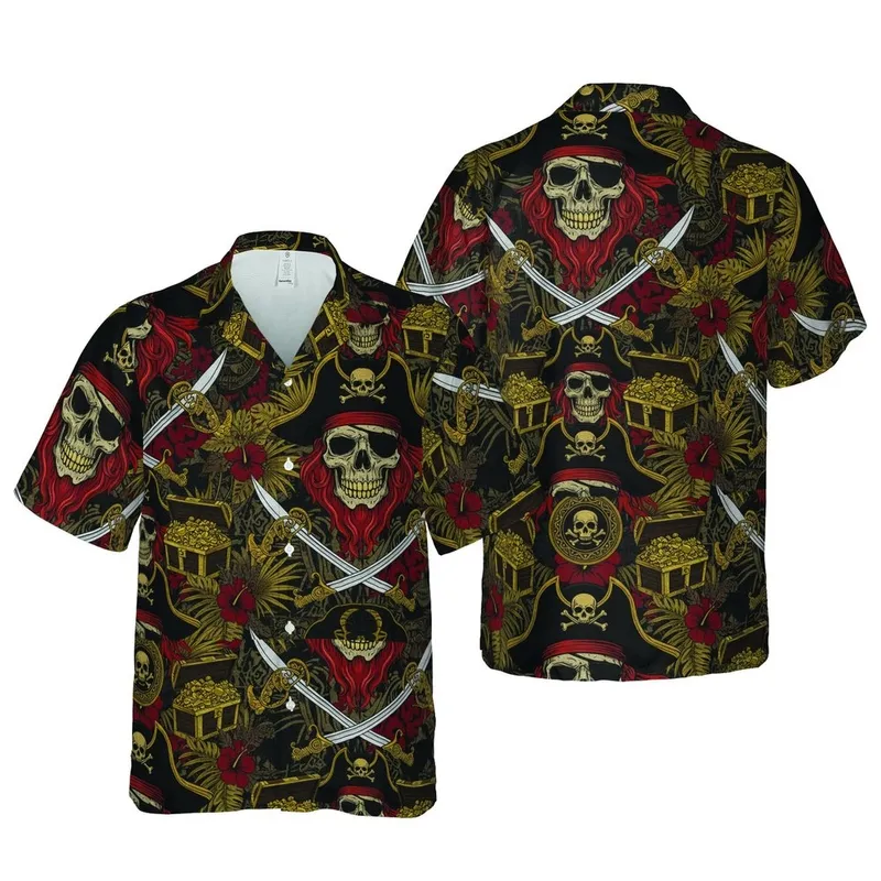 Pirate Skull Tricorn Hat Gold Chests Sabers Seamless Dark Edge-to-Edge Pattern Short-sleeve Hawaiian Shirt - 1