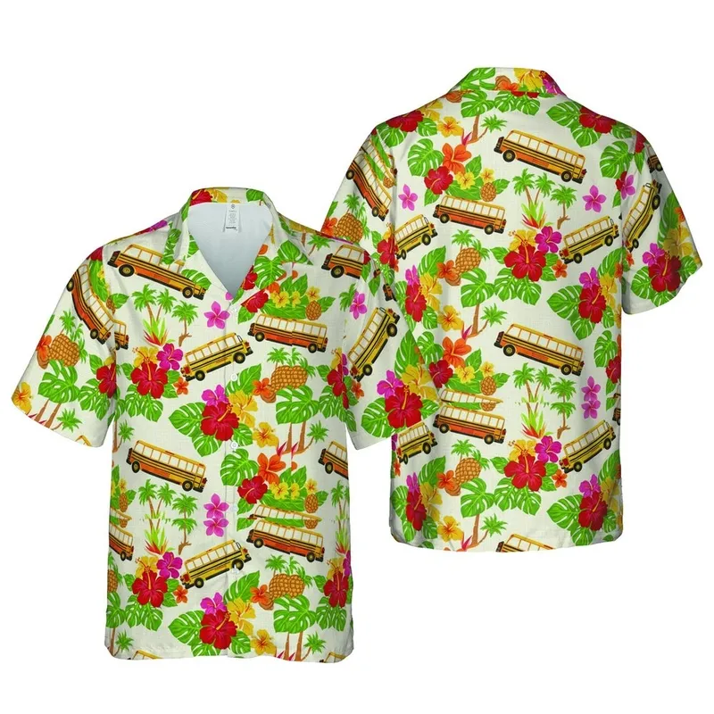 School Bus Hawaiian: Yellow Orange Red Hibiscus, Monstera Leaves, Cream Weave Design Short-sleeve Hawaiian Shirt - 1