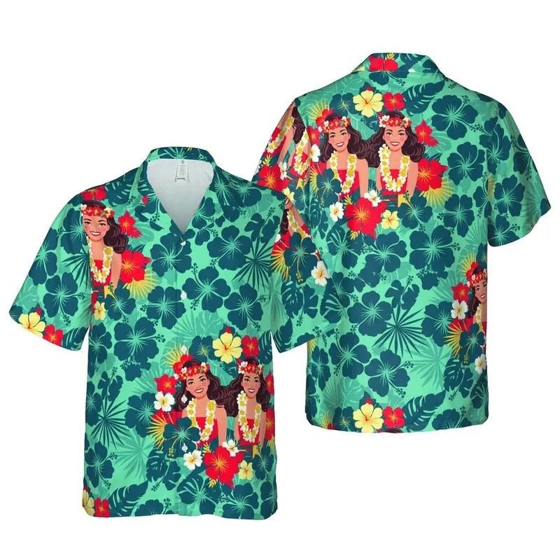 Women's Hawaiian Pin-Up: Dark Hair, Red Yellow White Floral Leis, Tropical Hibiscus Leaf Design Short-sleeve Hawaiian Shirt - 1