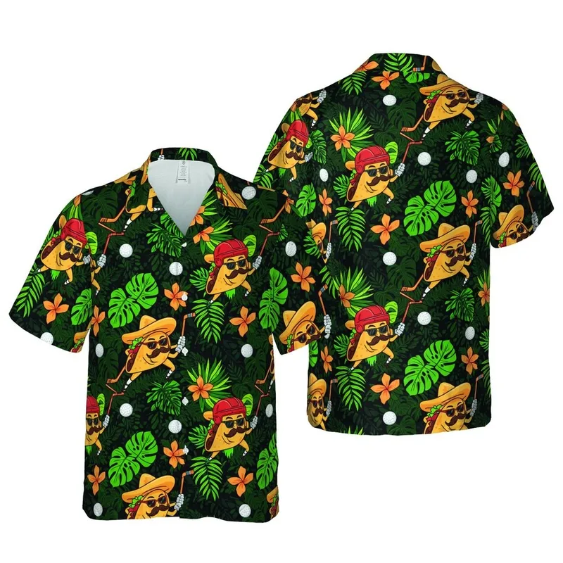 Anthropomorphic Tacos Golf Hockey Action Sombrero Helmet Tropical Foliage Pattern Short-sleeve Hawaiian Shirt - 1