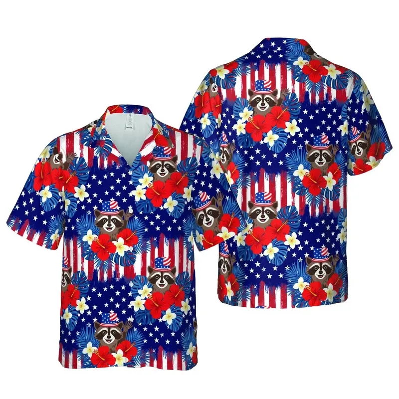 Raccoon Flag Hat Hawaiian Tropical Design: Hibiscus, Plumeria, Stripe Background Short-sleeve Hawaiian Shirt - 1