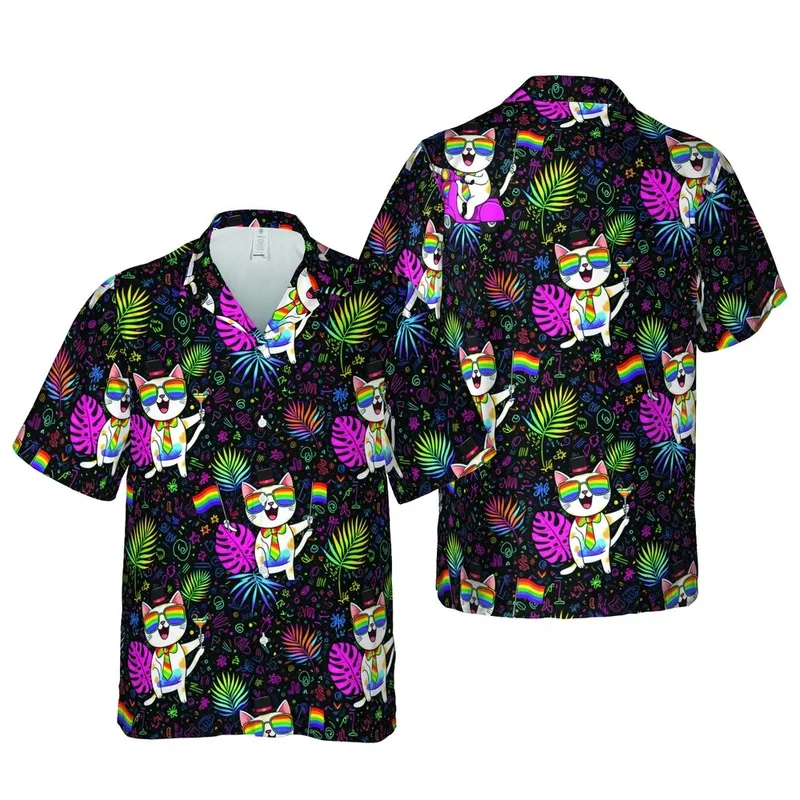 Anthropomorphic Cats Rainbow Sunglasses Scooter Tropical Leaves Hawaiian Pattern Short-sleeve Hawaiian Shirt - 1