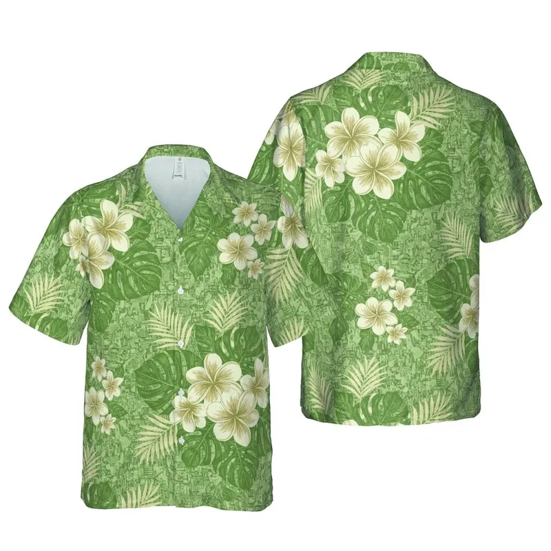 Hawaiian Botanical Faded Plumeria Monstera Seamless Distressed Textile Short-sleeve Hawaiian Shirt - 1