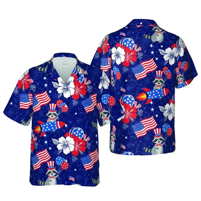Patriotic Uncle Sam Raccoon Hawaiian Red Blue Flag Rocket Stars Hibiscus Pattern Short-sleeve Hawaiian Shirt - 1