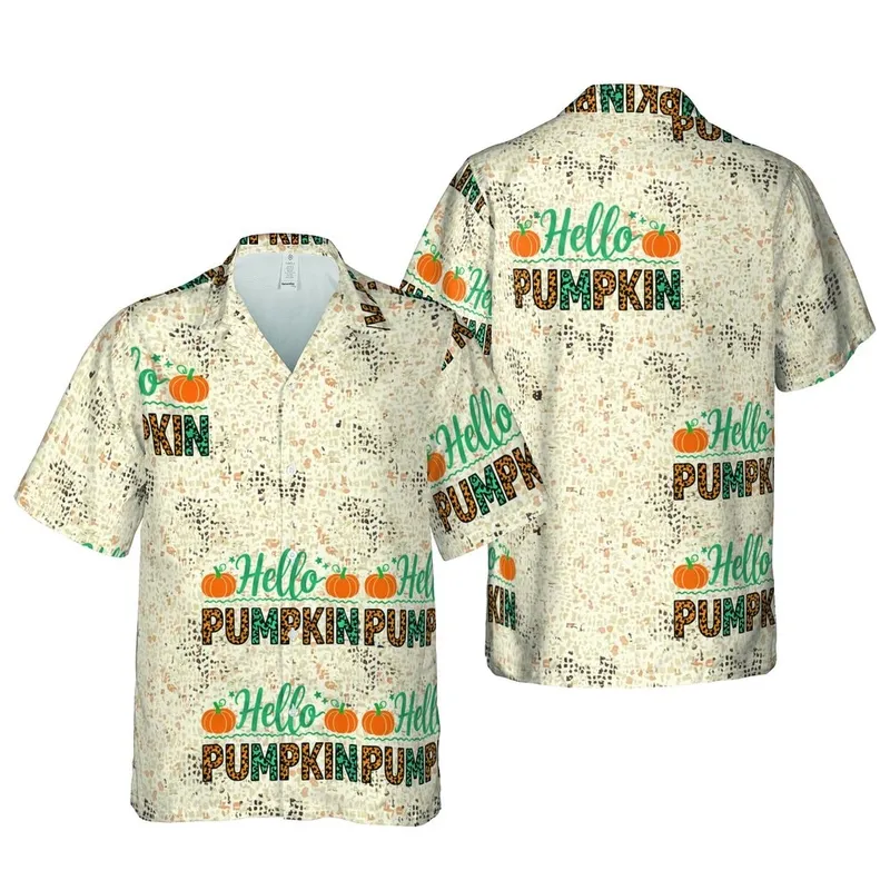 "Hello PUMPKIN" Teal Orange Script Distressed Block Leopard Print Tropical Hawaiian Design Short-sleeve Hawaiian Shirt - 1