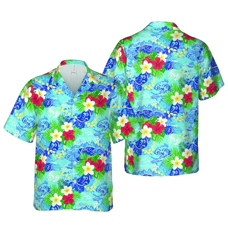 Seamless Hawaiian Plumeria Hibiscus Palm Frond Monstera Ocean Wave Pattern Short-sleeve Hawaiian Shirt - 1