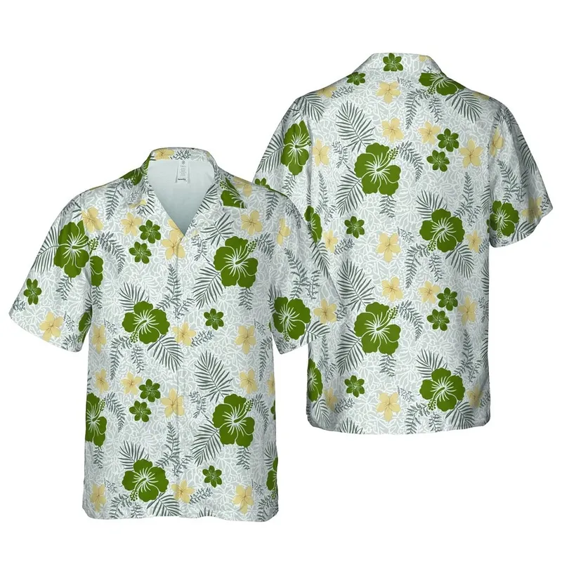 Olive Green Hibiscus Palm Beige Plumeria Fern Water Flow Seamless Edge-to-Edge Pattern Short-sleeve Hawaiian Shirt - 1