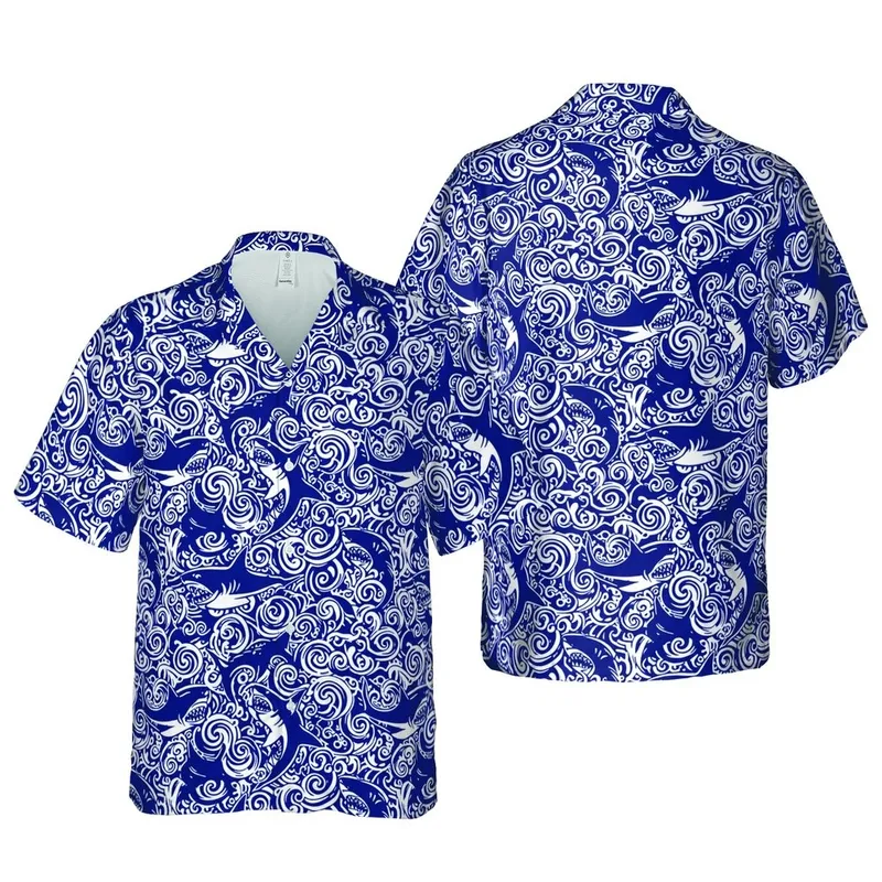 Hawaiian Dark Navy Blue Shark Design: Ocean Wave Interlock, White Teeth, High Contrast Short-sleeve Hawaiian Shirt - 1