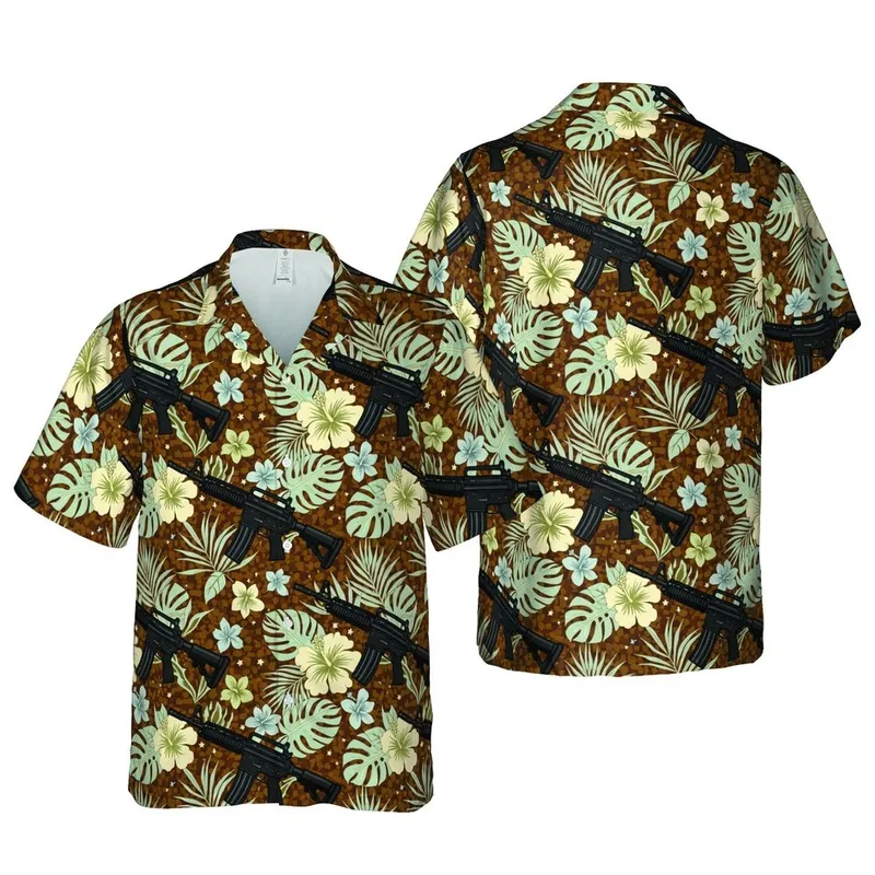 Modern Carbine Tropical Hawaiian: Black Rifles, Cream Hibiscus, Caramel Mosaic Short-sleeve Hawaiian Shirt - 1