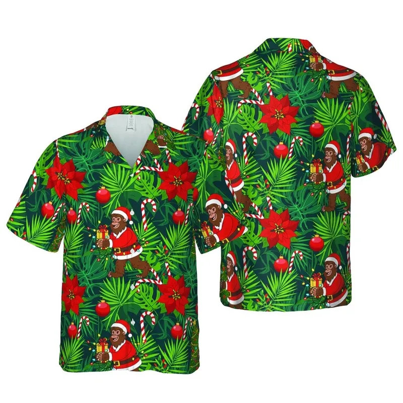 Bigfoot Santa Christmas Poinsettia Candy Cane Tropical Foliage Design Short-sleeve Hawaiian Shirt - 1