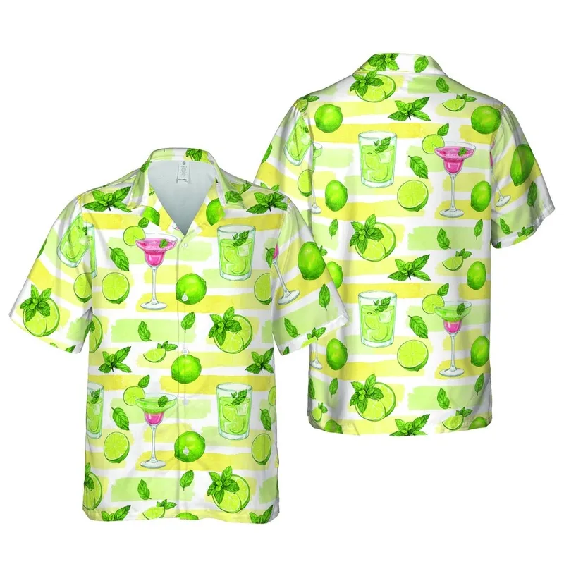 Margarita & Martini Cocktail Pattern: Lime Mint Tropical Watercolor Stripe Textile Print Short-sleeve Hawaiian Shirt - 1