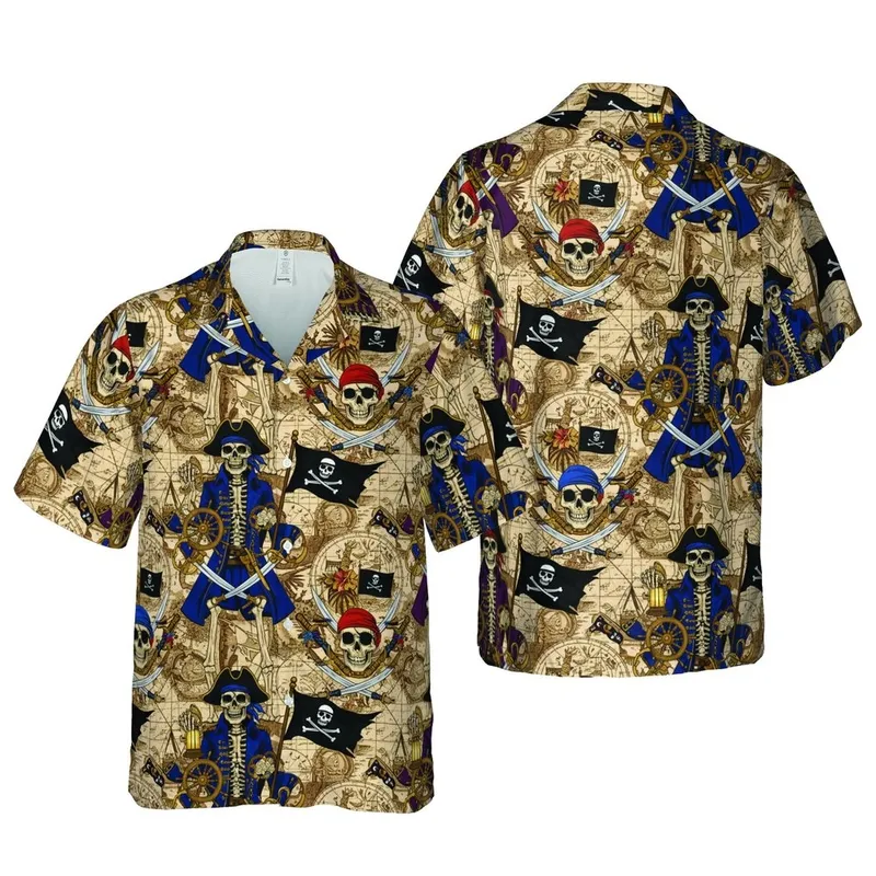 Pirate Skeletons Hawaiian Nautical Map: Captain, Jolly Roger, Daggers, Antique Chart Art Short-sleeve Hawaiian Shirt - 1