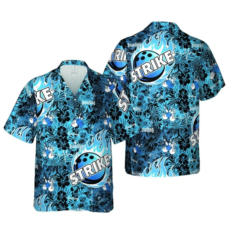 Bowler's STRIKE Bowling Ball Flames: Pins, Heartbeat Graphic, Black Electric Blue Gradient Short-sleeve Hawaiian Shirt - 1