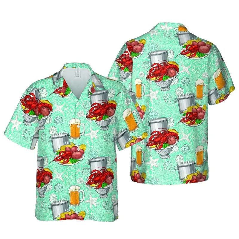 Crawfish Boil Fan's Design: Beer Mugs, Corn, Tropical Sea Life, Wave Motifs Short-sleeve Hawaiian Shirt - 1