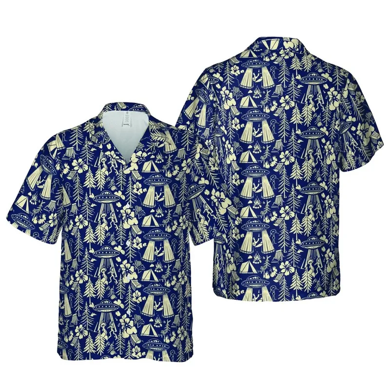 Seamless UFO Abduction Grey Alien Figures Pine Tree Camping Scene Hawaiian Print Short-sleeve Hawaiian Shirt - 1
