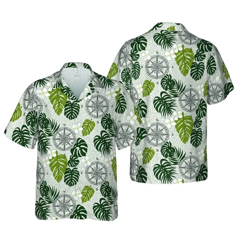 Navigator's Hawaiian Black Compass Rose Emerald Palm Plumeria Ocean Star Pattern Short-sleeve Hawaiian Shirt - 1