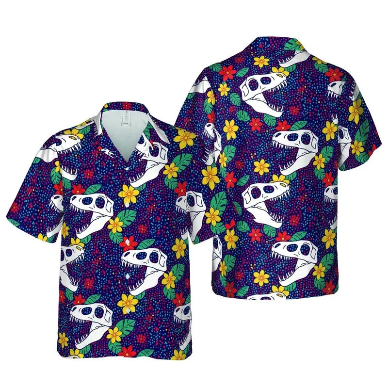 White T-Rex Skull Hawaiian Pattern, Indigo Red Teal Dot Floral Botanical Design Short-sleeve Hawaiian Shirt - 1