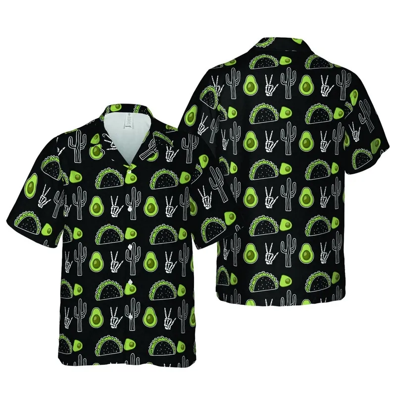 Black Off-White Hawaiian Desert Foodie Cacti Taco Avocado Skeleton Peace Pattern Short-sleeve Hawaiian Shirt - 1