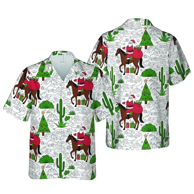Santa Claus Horse Riding Christmas Trees Desert Cactus Saguaro Agave Mountains Short-sleeve Hawaiian Shirt - 1