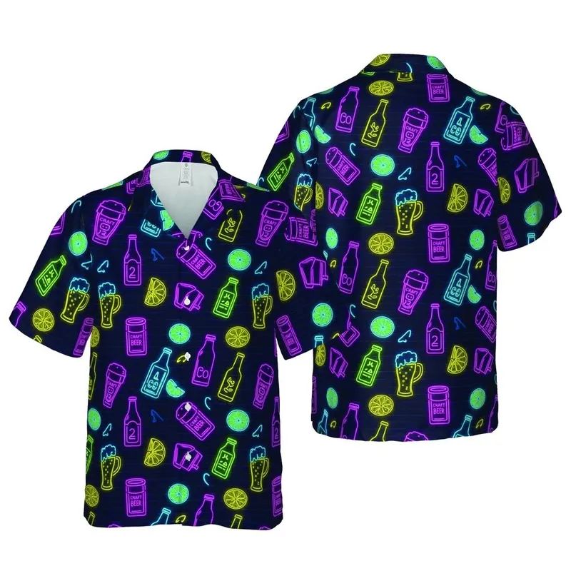 Craft Beer Enthusiast Hawaiian Neon Brewery Bottle Glass Citrus Kegs Brick Pattern Short-sleeve Hawaiian Shirt - 1