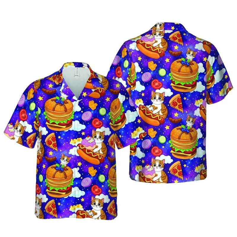 Domestic Cats Hawaiian Pattern: Burger Donut Pancakes Pizza Galaxy Nebula Design Short-sleeve Hawaiian Shirt - 1