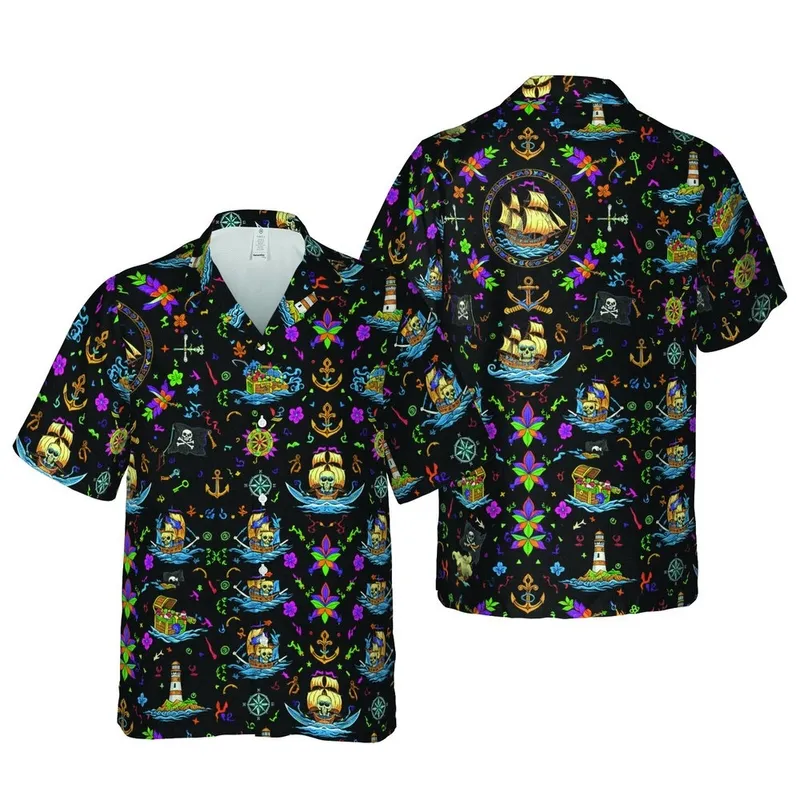 Pirate Hawaiian Galleon Jolly Roger Skulls Treasure Chest Neon Blue Pink Fabric Design Short-sleeve Hawaiian Shirt - 1