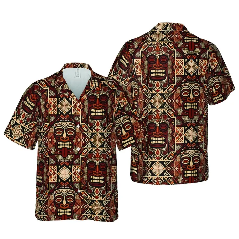 Polynesian Tiki Totem Masks Hawaiian Tribal Pattern Geometric Mosaic Background Short-sleeve Hawaiian Shirt - 1