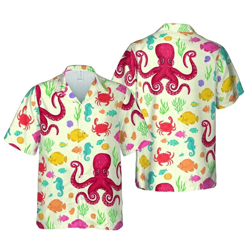 Hawaiian Red Octopus Pink Fish Blue Seahorse Crab Seashells Fabric Print Short-sleeve Hawaiian Shirt - 1