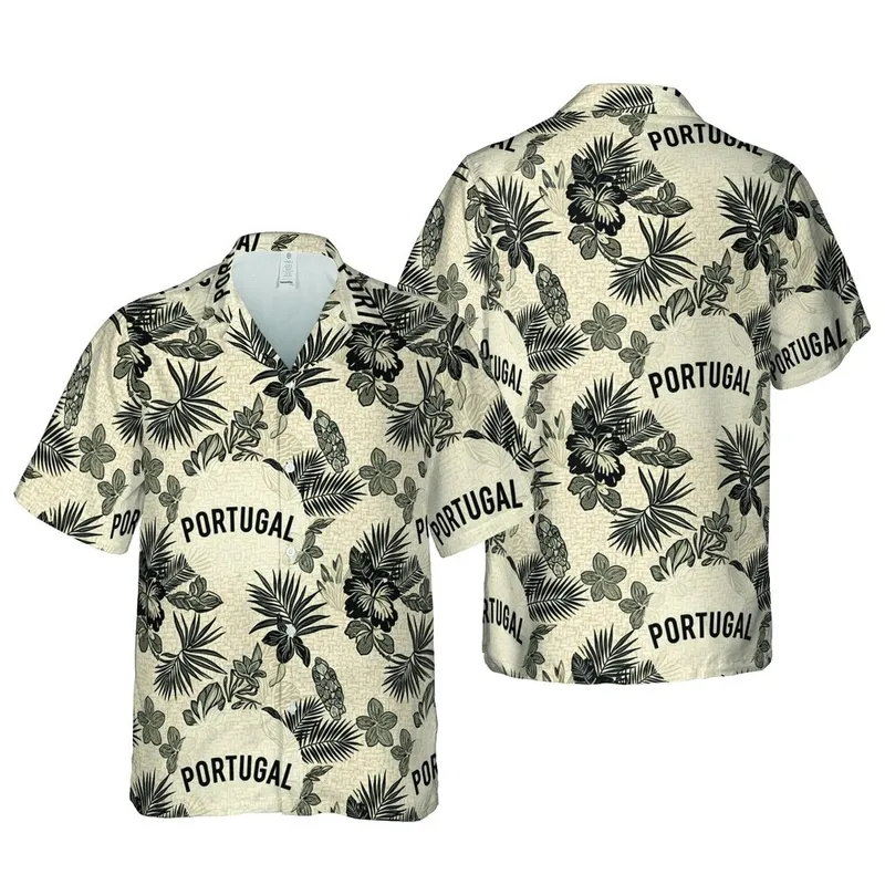 Portugal Spirit Hawaiian Pattern: Bold PORTUGAL Text, Beige Fabric Mosaic, Botanical Edges Short-sleeve Hawaiian Shirt - 1