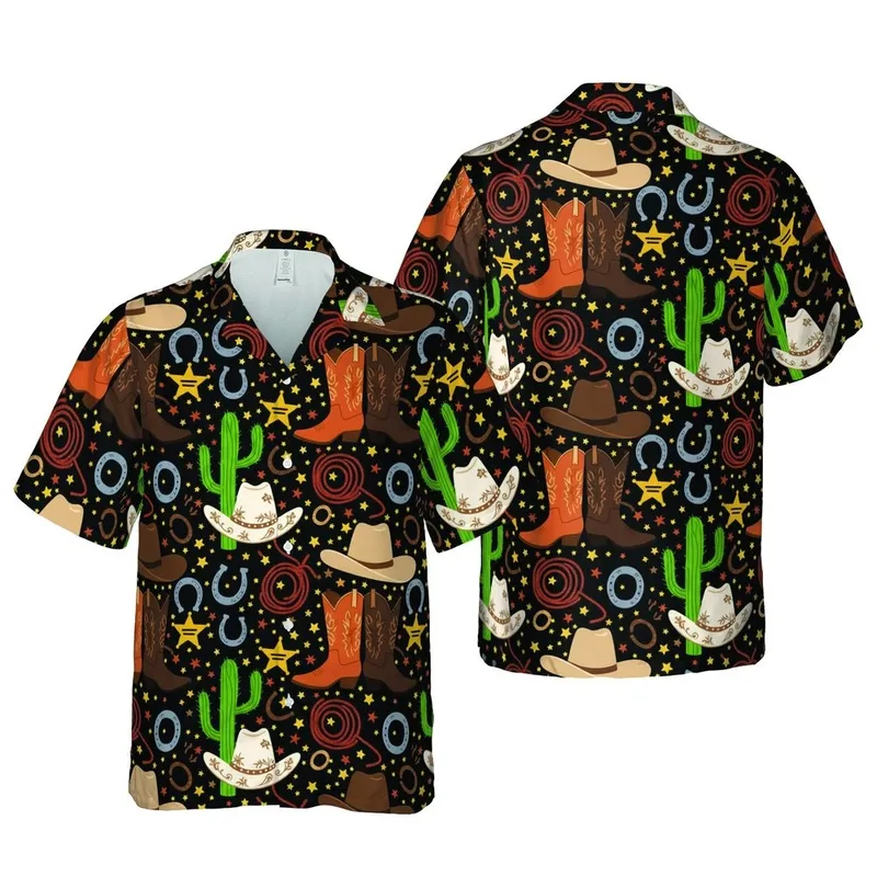 Hawaiian Western Boots Cacti Hats Seamless Pattern Black Orange Green Yellow Silver Short-sleeve Hawaiian Shirt - 1
