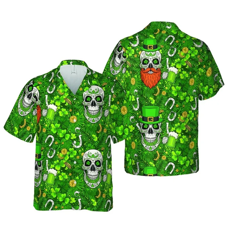 Skull Tropical Luck Pattern: Leprechaun Skulls, Gold Coins, Shamrock, Horseshoe Design Short-sleeve Hawaiian Shirt - 1