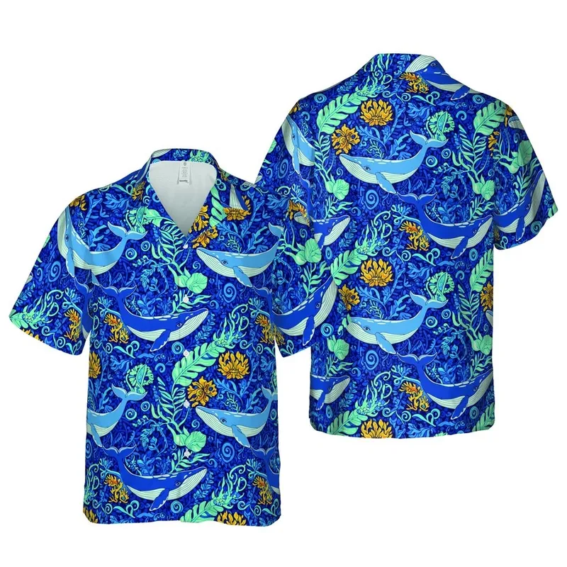 Hawaiian Blue Whale Flora Mosaic Design - Deep Ocean Cerulean Navy Aqua Teal Gold Short-sleeve Hawaiian Shirt - 1