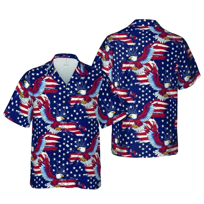 American Patriot Soaring Bald Eagle Distressed Flag Hawaiian Print Deep Blue Red White Short-sleeve Hawaiian Shirt - 1