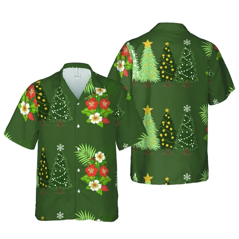 Hawaiian Pattern: Four Christmas Trees, Sage Forest Green, Golden Star, Snowflake Short-sleeve Hawaiian Shirt - 1