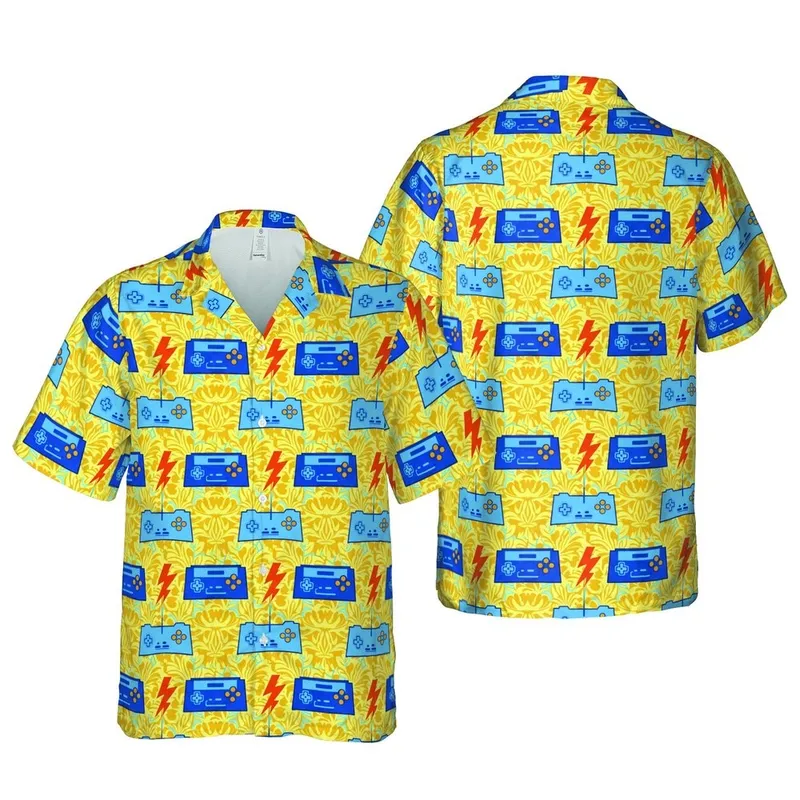 Retro Gamer Hawaiian Design: Controllers, Cartridges, Orange Lightning, Yellow Mosaic Short-sleeve Hawaiian Shirt - 1